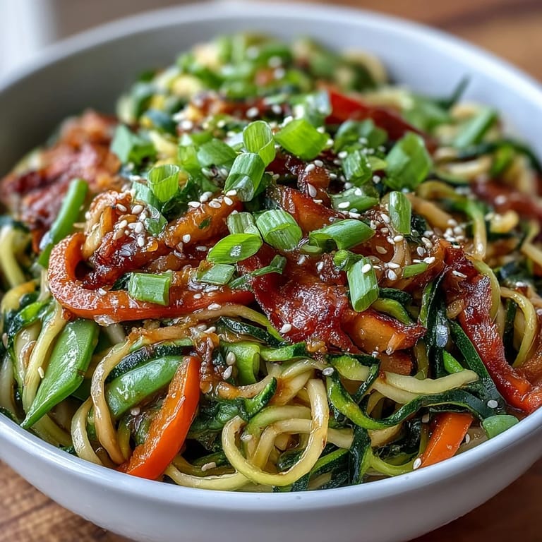 Light and healthy zucchini noodle stir fry with fresh vegetables and a tangy Asian-inspired dressing, ready in 25 minutes.  