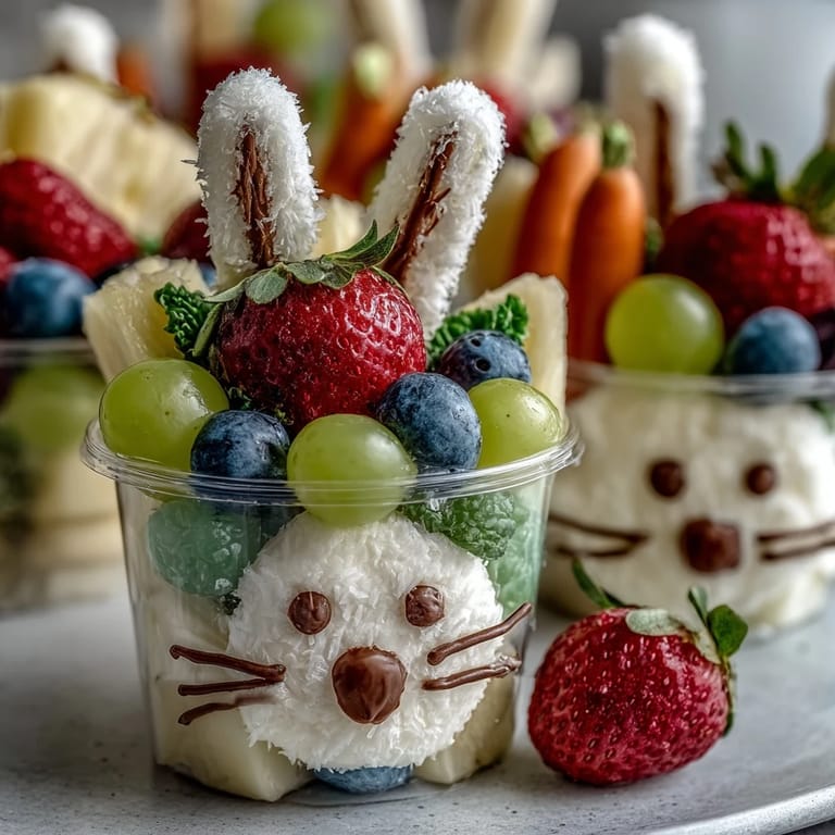 Adorable bunny-themed fruit cups featuring marshmallow cheeks, candy eyes, and paper ears, perfect for kids' Easter snacks.