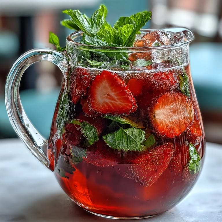 Vibrant spring mocktail featuring muddled strawberries and mint in sparkling citrus water, served over ice with fresh fruit garnish.