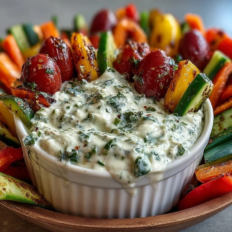 Healthy summer snack idea featuring crisp vegetable sticks in clear cups paired with tangy homemade Greek yogurt ranch dip.  