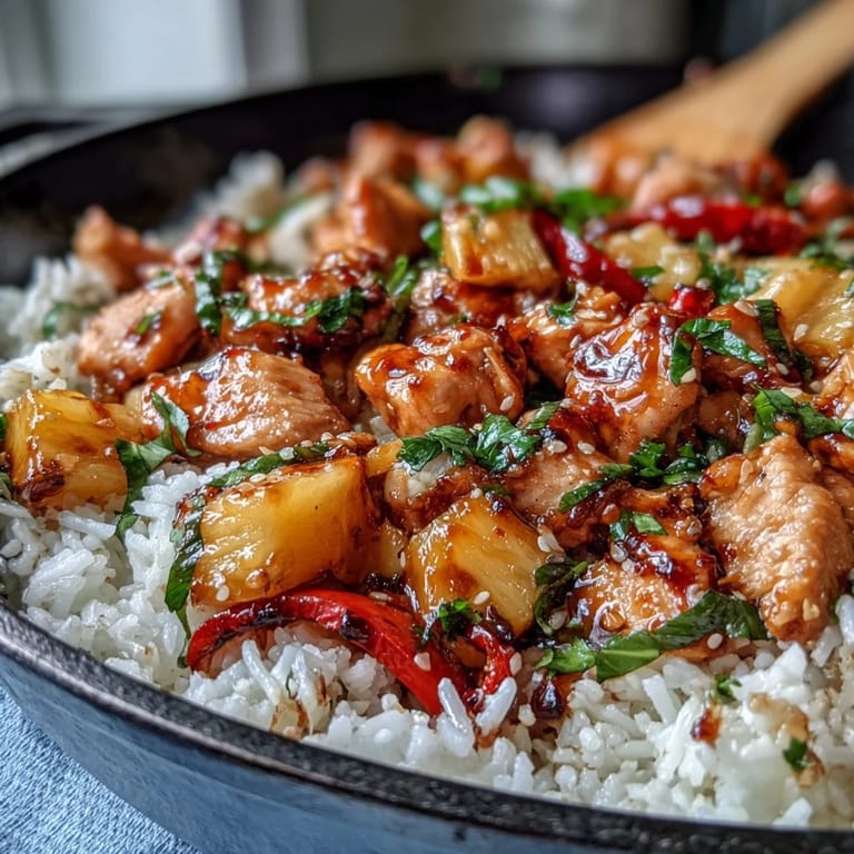 3. Pineapple Chicken and Rice Skillet with Bell Peppers, served hot with tender chicken, sweet pineapple, sautéed veggies, and perfectly cooked rice in a rich sauce.