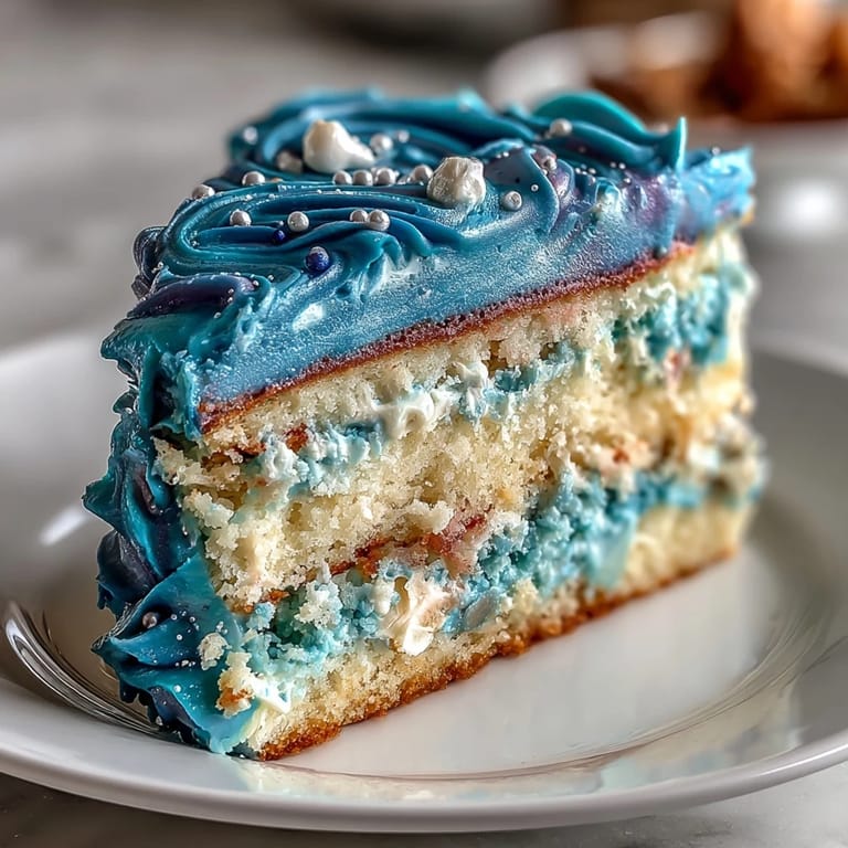 Ocean-inspired vanilla cake with marbled galaxy buttercream in deep blues, teals, and purples, perfect for Pisces birthdays.
