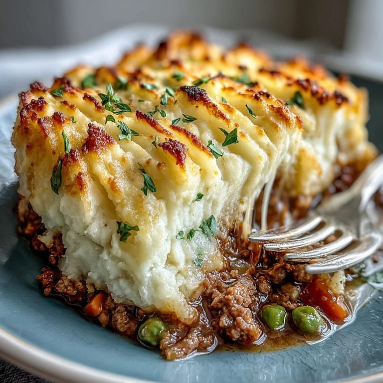 Savory ground lamb and vegetable filling topped with creamy, smooth cauliflower mash for a modern, comforting shepherds pie.