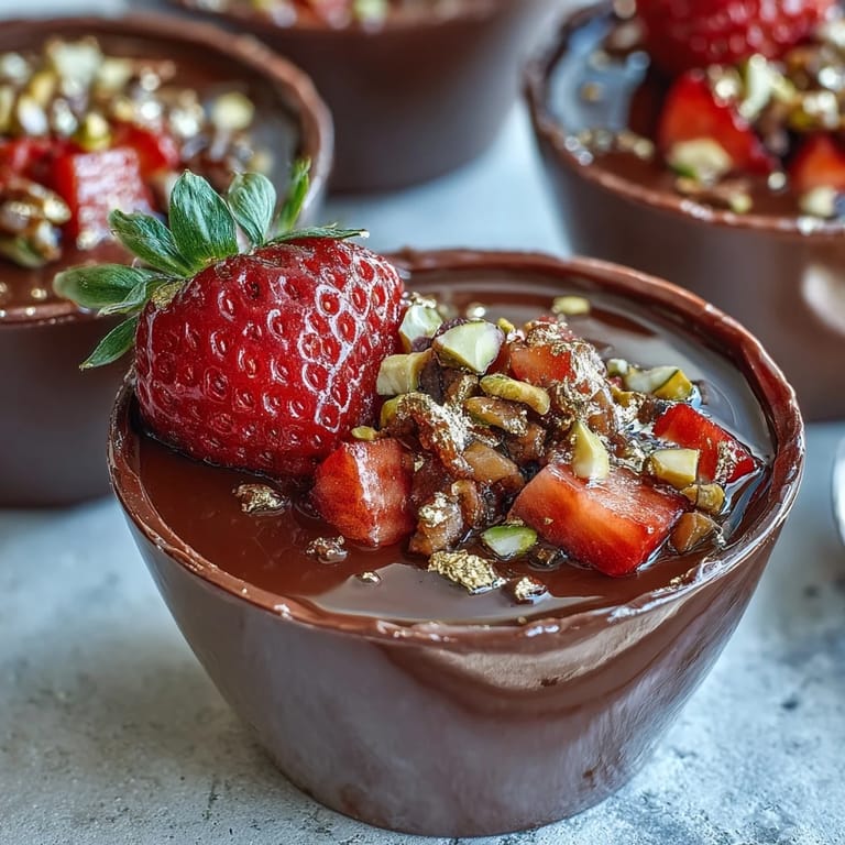 Elegant chocolate cups with luscious strawberry filling and a buttery pistachio crunch, garnished with whole strawberries and edible gold leaf for a touch of luxury.