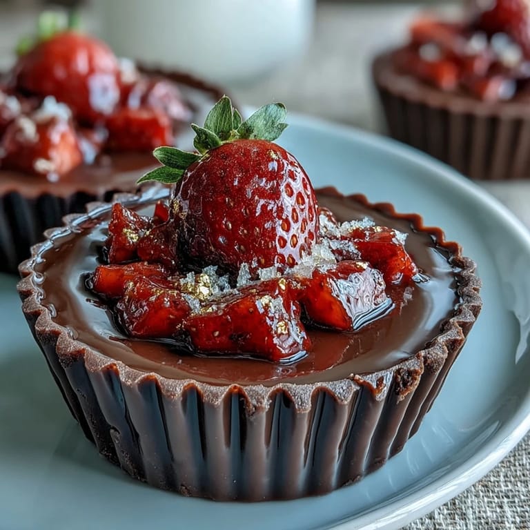 Rich chocolate dessert cups layered with sweet strawberries and caramelized pistachio topping, inspired by Dubai's vibrant flavors and perfect for elegant entertaining.
