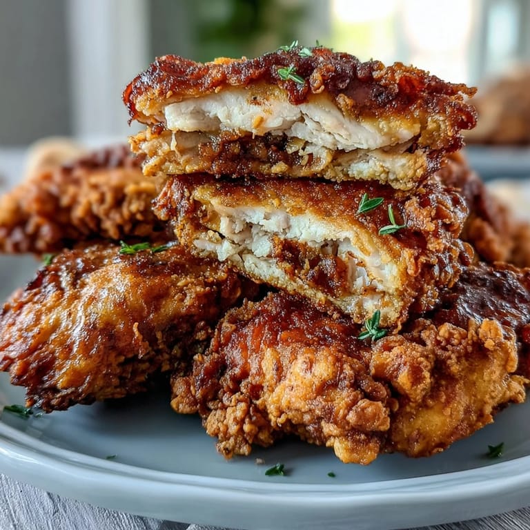 A platter of juicy fried chicken pieces and flaky honey butter biscuits, perfect for a comforting Southern feast.