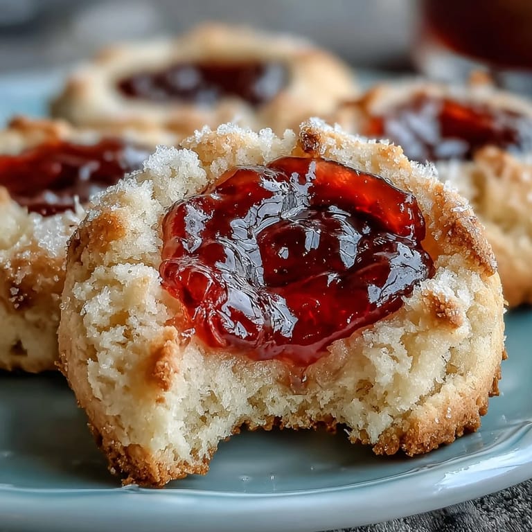 Delicate clotted cream sugar cookies with a sweet strawberry jam center, offering a tender crumb and fruity surprise in every bite.