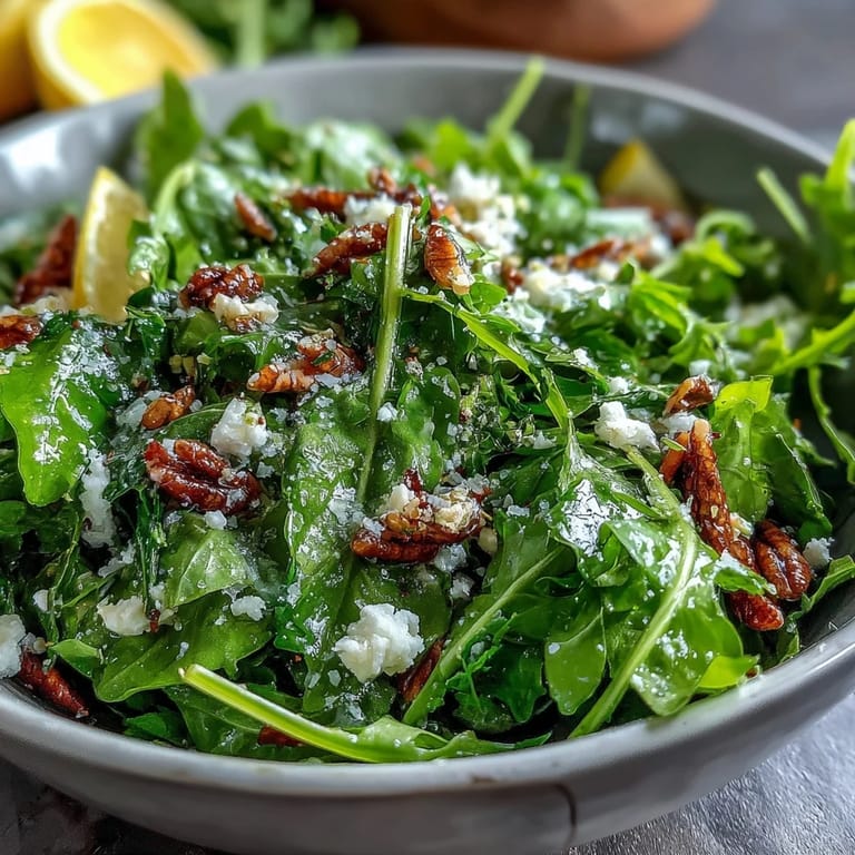 Zesty lemon vinaigrette arugula salad with delicate Parmesan shavings and a sprinkle of pine nuts, perfect for a light and refreshing appetizer.
