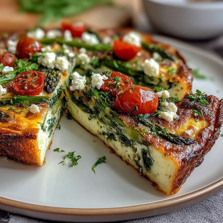 Fluffy frittata filled with tender asparagus, zucchini, spinach, and creamy goat cheese, baked until golden and puffed.