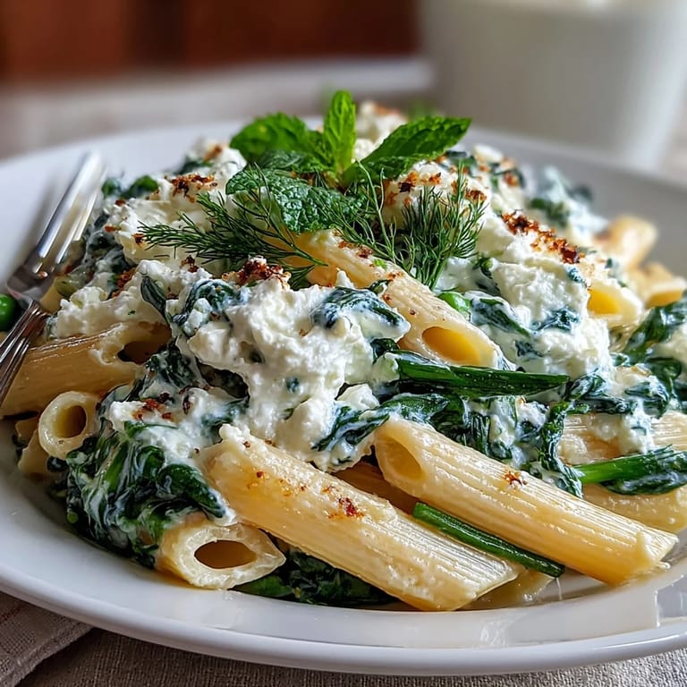 Vibrant pea and ricotta pasta with mint, featuring bright green peas and a sprinkle of Parmesan for a comforting meal.  