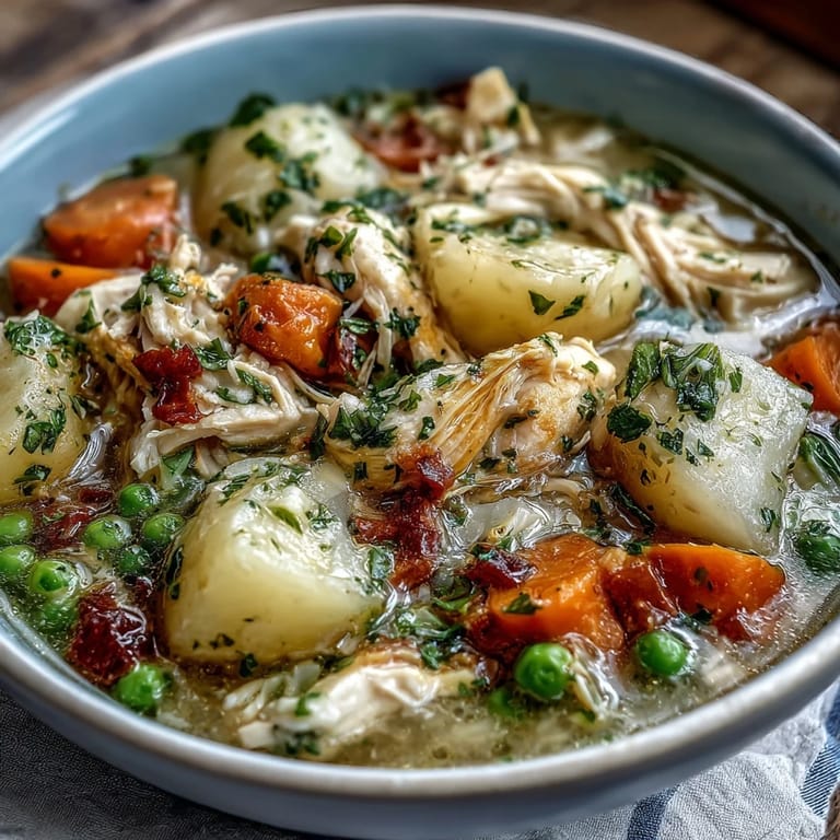 Creamy slow cooker chicken pot pie soup brimming with potatoes, carrots, and celery, topped with flaky puff pastry for a comforting meal.  