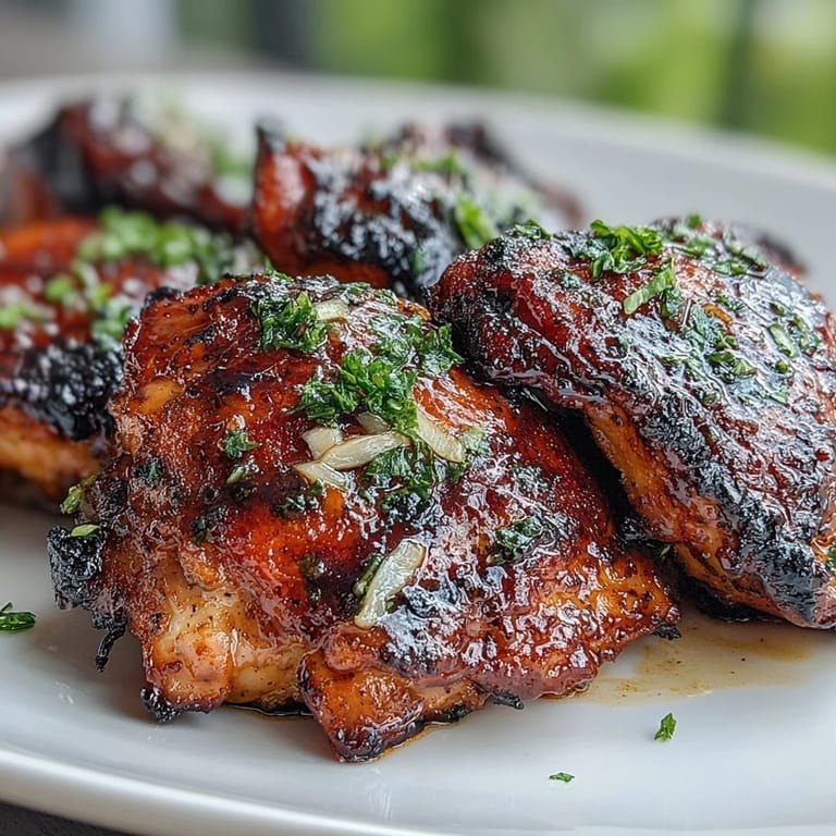 Sweet and savory honey garlic marinated chicken thighs sizzling on the grill, delivering bold flavor with every bite.  