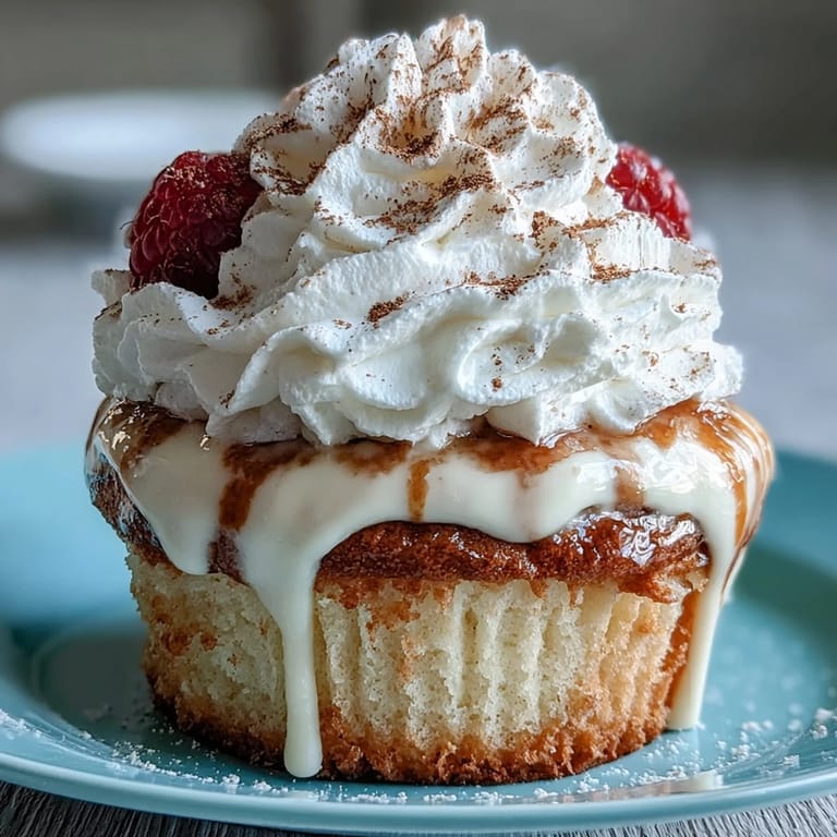 Fluffy cupcakes soaked in sweet three-milk mixture and garnished with fresh berries for a Mexican-inspired dessert.  