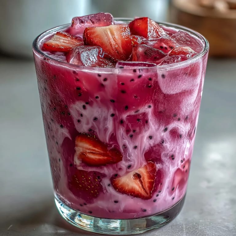 Refreshing homemade dragon fruit refresher with coconut milk, freeze-dried pitaya, and lime juice in tall glasses.  