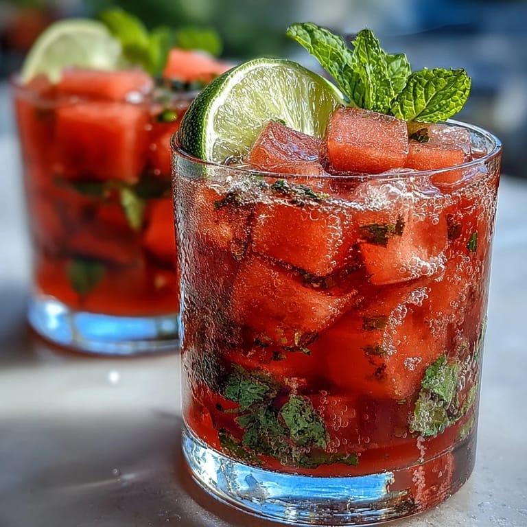 A refreshing blend of juicy watermelon, mint leaves, and citrus in a chilled spritz mocktail, garnished with lime slices and extra mint.