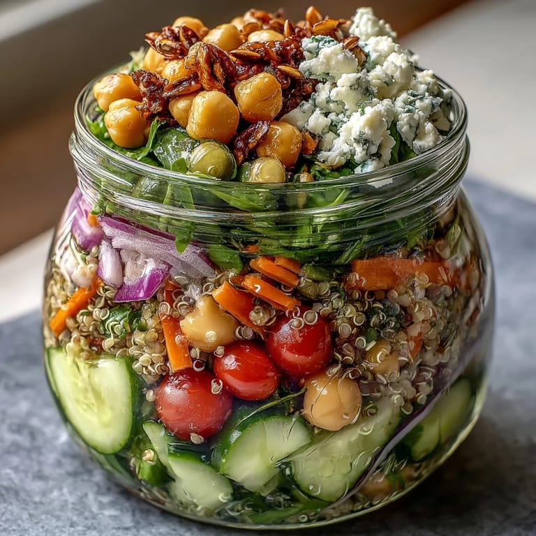 Mason jar salads with cherry tomatoes, cucumbers, and chickpeas—perfect for crisp, nutritious lunches all week.  