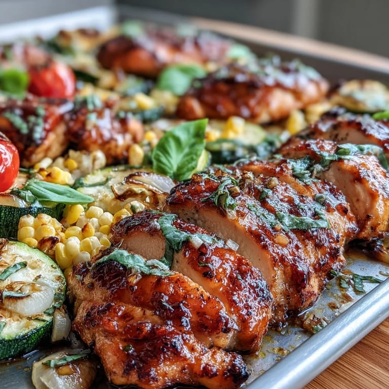 Vibrant summer dinner: sheet pan chicken with zucchini and corn, bursting with fresh vegetables, herbs, and zesty lemon marinade.