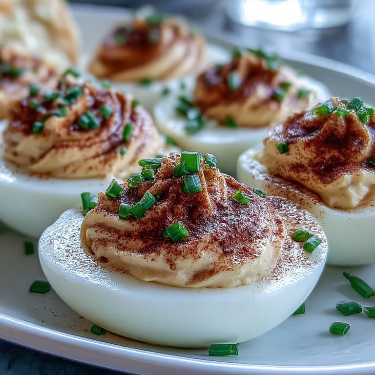Classic deviled eggs featuring smooth, tangy filling and garnished with paprika and bright green chives.