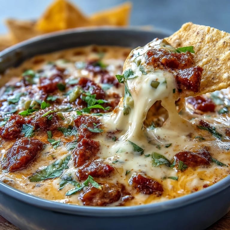 Spicy Mexican queso dip topped with savory chorizo, fresh jalapeños, and cilantro, served bubbling hot with crispy tortilla chips.