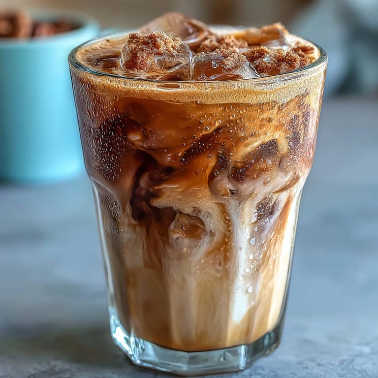 Creamy iced espresso with brown sugar syrup and oat milk, served over ice with a hint of cinnamon.