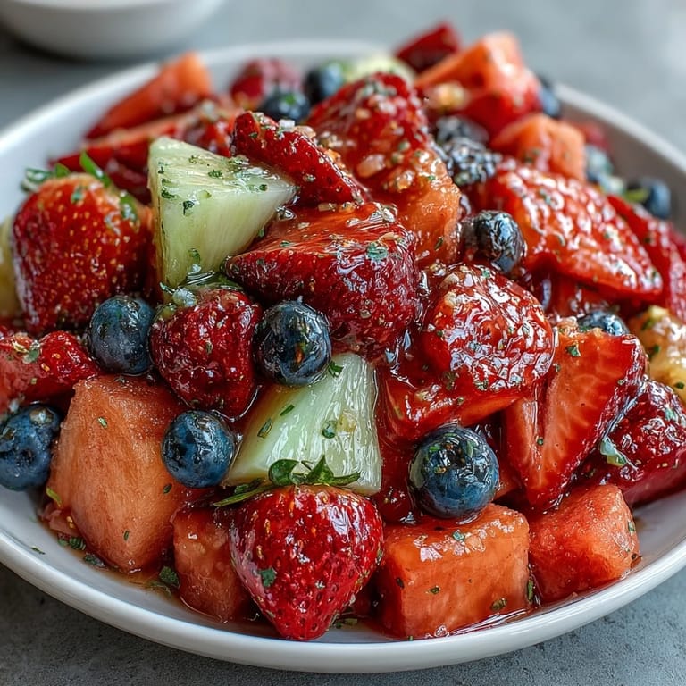 Colorful bowl of strawberry lemonade fruit salad featuring bright strawberries, pineapple, and blueberries, topped with a refreshing honey-lemon glaze.