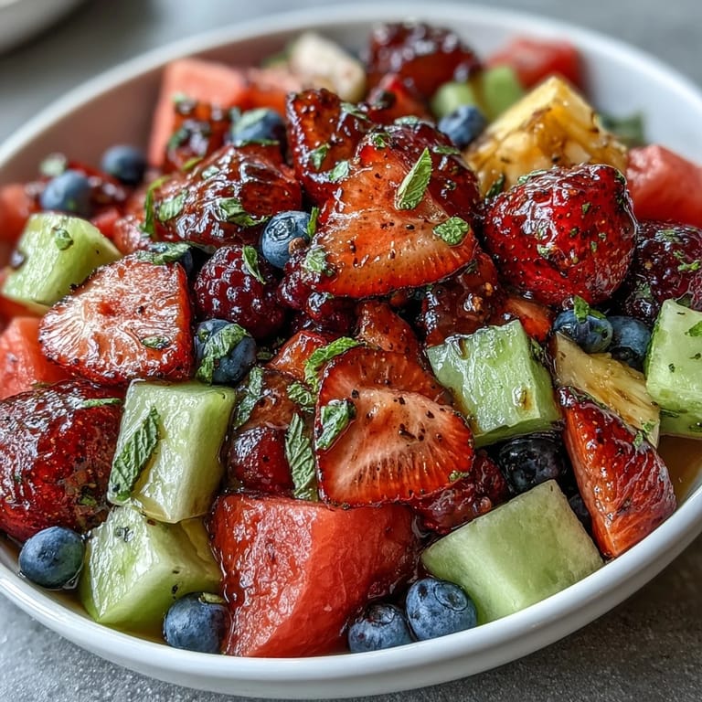 Refreshing strawberry lemonade fruit salad served chilled, combining ripe strawberries, watermelon, and mint for a vibrant, tangy-sweet side dish.