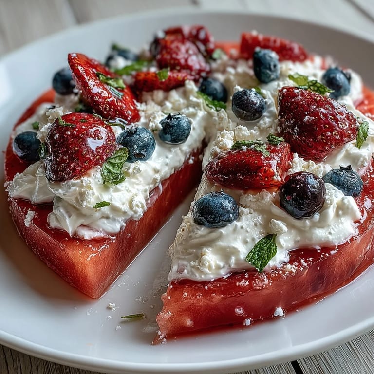 Enjoy vibrant 4th of July Watermelon Pizza topped with sweet berries and whipped cream.