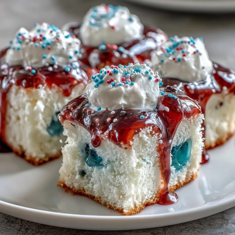 Moist Patriotic Poke Cake topped with fluffy cream and patriotic sprinkle details.