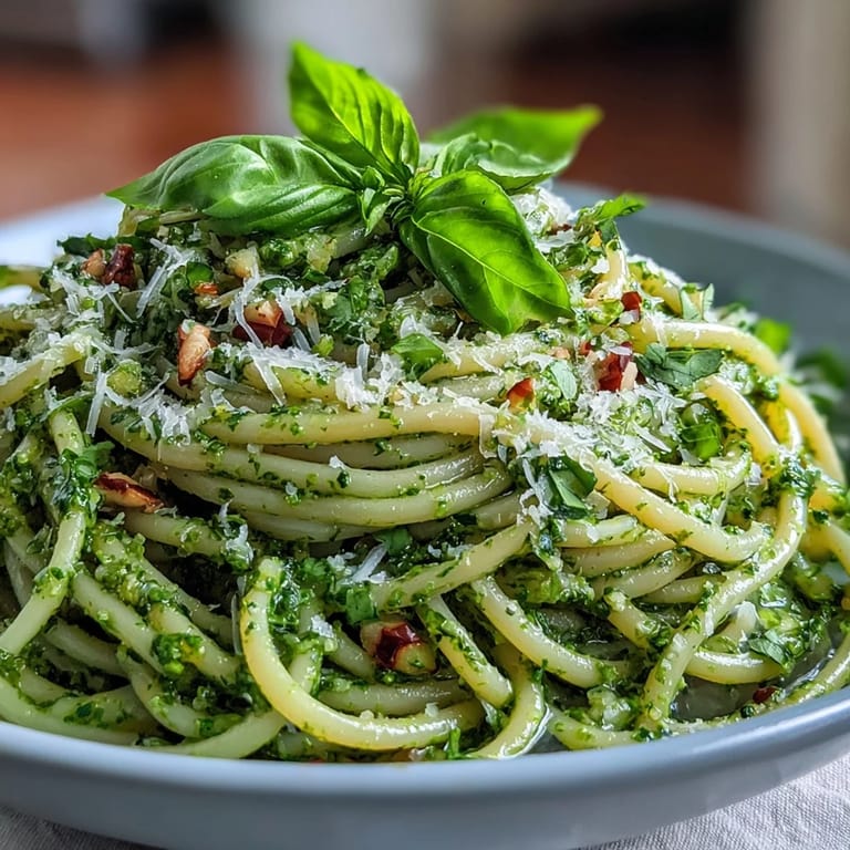 Close-up of al dente spaghetti twirled with bright lemon basil pesto and fresh garnishes.