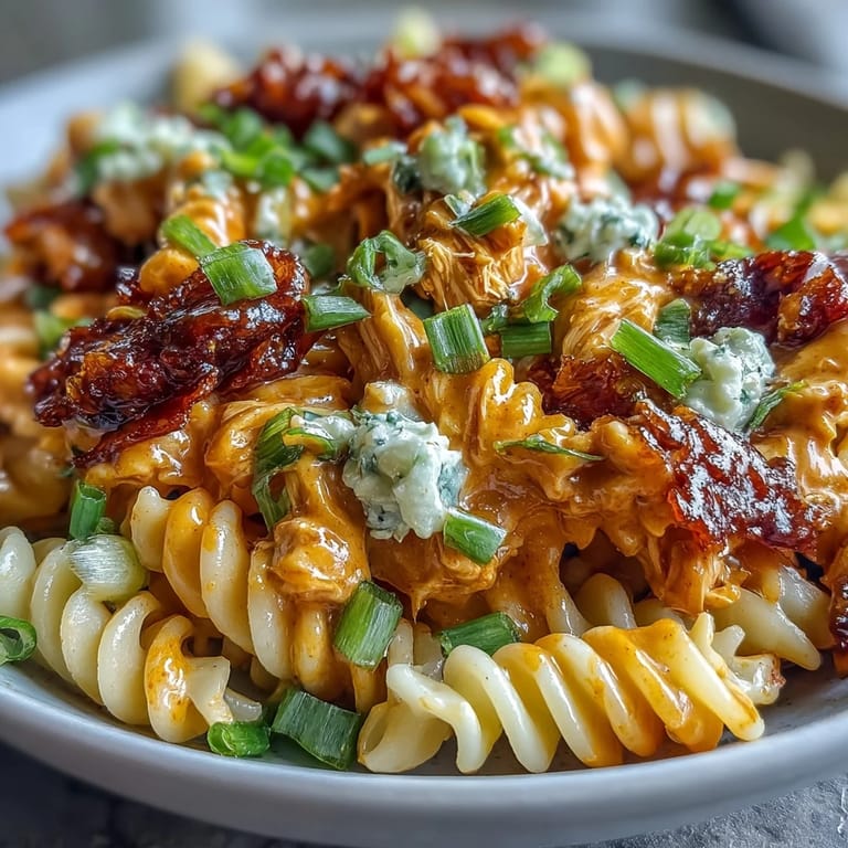 Deliciously easy Buffalo Chicken Pasta (No-Bake) ready to serve for any gathering.
