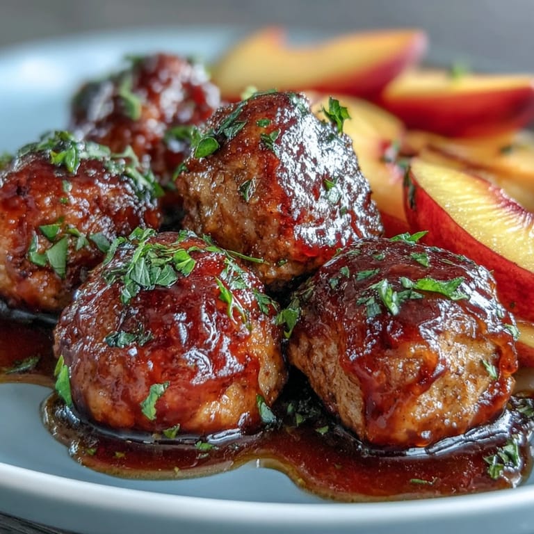 Savory hot honey peach chicken meatballs garnished with fresh fruit and herbs.