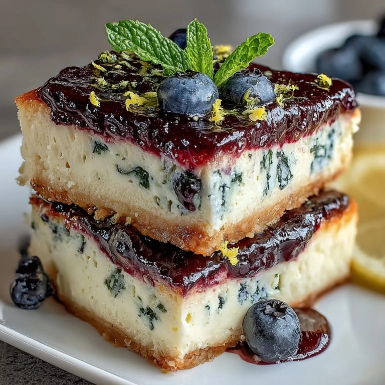 Zesty and refreshing no-bake lemon blueberry cheesecake bars, effortlessly delicious.