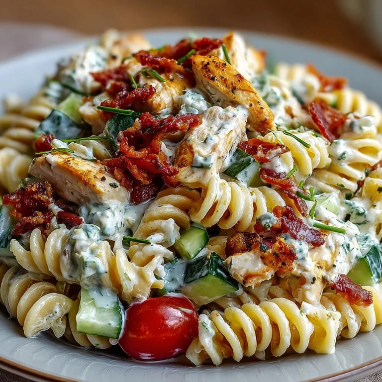 Serving a tempting Creamy Chicken Bacon Ranch Pasta Salad, a chilled, flavorful potluck favorite.
