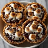 Four mini s'mores pies on a plate.
