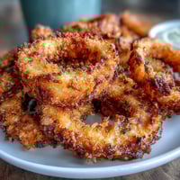 Crispy air fryer onion rings with golden coating and creamy garlic aioli dip, perfect for parties.  