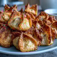 Crispy air fried pork dumplings served with a vibrant, spicy chili oil for dipping—an irresistible Asian appetizer.  