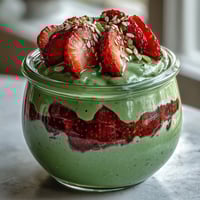 Strawberry Matcha Overnight Chia Oats in a jar with layers of creamy oats, vibrant green matcha, and fresh strawberries, topped with coconut flakes.
