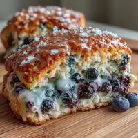 Golden sourdough discard blueberry scones fresh from the oven, with juicy blueberries and a golden, buttery crust.
