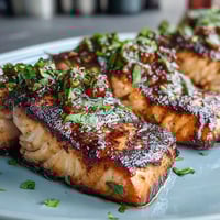 Grilled salmon fillets topped with a vibrant strawberry salsa, bursting with fresh flavors and zesty lime.