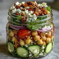 Vibrant layered mason jar salads packed with fresh greens, quinoa, and colorful veggies for healthy meal prep.  