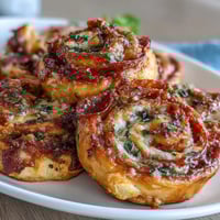 Flaky pastry pinwheels bursting with pepperoni, marinara, and melted mozzarella cheese. A savory, cheesy appetizer perfect for parties.
