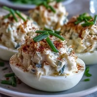 Crab Cake Deviled Eggs with Old Bay Seasoning: Creamy crab filling piled high on halved eggs, dusted with zesty Old Bay and fresh chives.