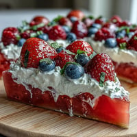 Festive 4th of July Watermelon Pizza bursting with fresh berries and cool cream.