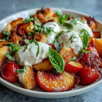 Juicy Tomato Peach Panzanella with creamy burrata, a perfect summer salad.